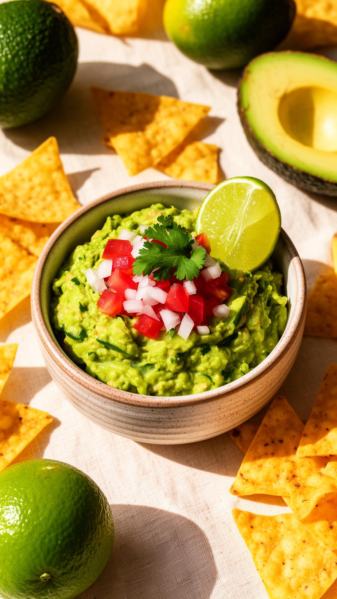 Fresh guacamole with chips, avocados and lime